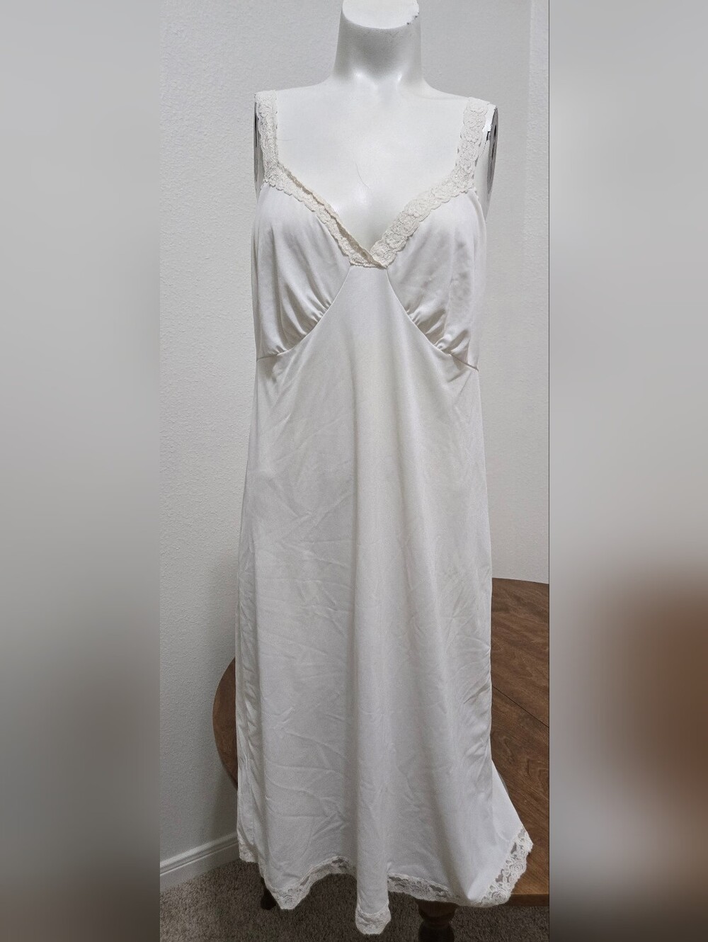 Classic Ivory Slip Dress with Lace TrimVintage Shadowline Ivory Satin Lace Night